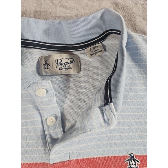 Original Penguin Mens Polo Shirt Size S Chest Stripe Light Blue Logo Cotton(HL81 - Picture 2 of 3